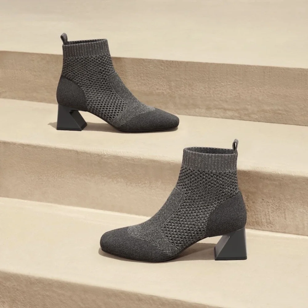 VIVAIA Grey Knit Sock Ankle Boots‎ Block Heel Square Toe Size US 7.5 EU 38.5